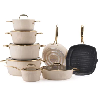 سرویس قابلمه KZP کالکشن آلما ۱۴پارچه درب سیلیکونی رنگ کرم دستگیره طلایی